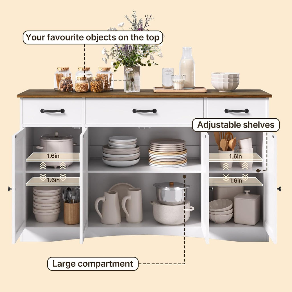 Gizoon Sideboard Buffet Cabinet with Storage, Modern Kitchen Sideboard and Coffee Bar with Drawers and Doors, Wood Buffet Table for Dining Room, 15.2' D x 55.1' W x 31.9' H, White/Rustic Brown