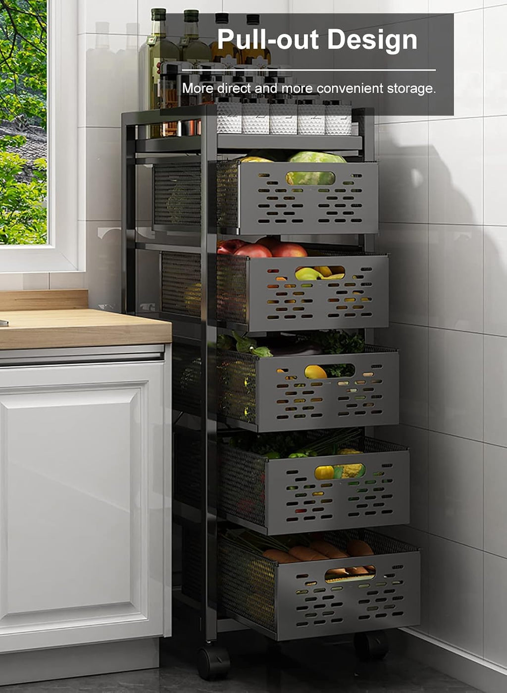 Kitchen Counter Baker's Rack with Drawers, Stackable Storage Fruit Vegetables Basket, Microwave Oven Coffee Machine Organizer Shelf, Black (Size : 3 Tier)