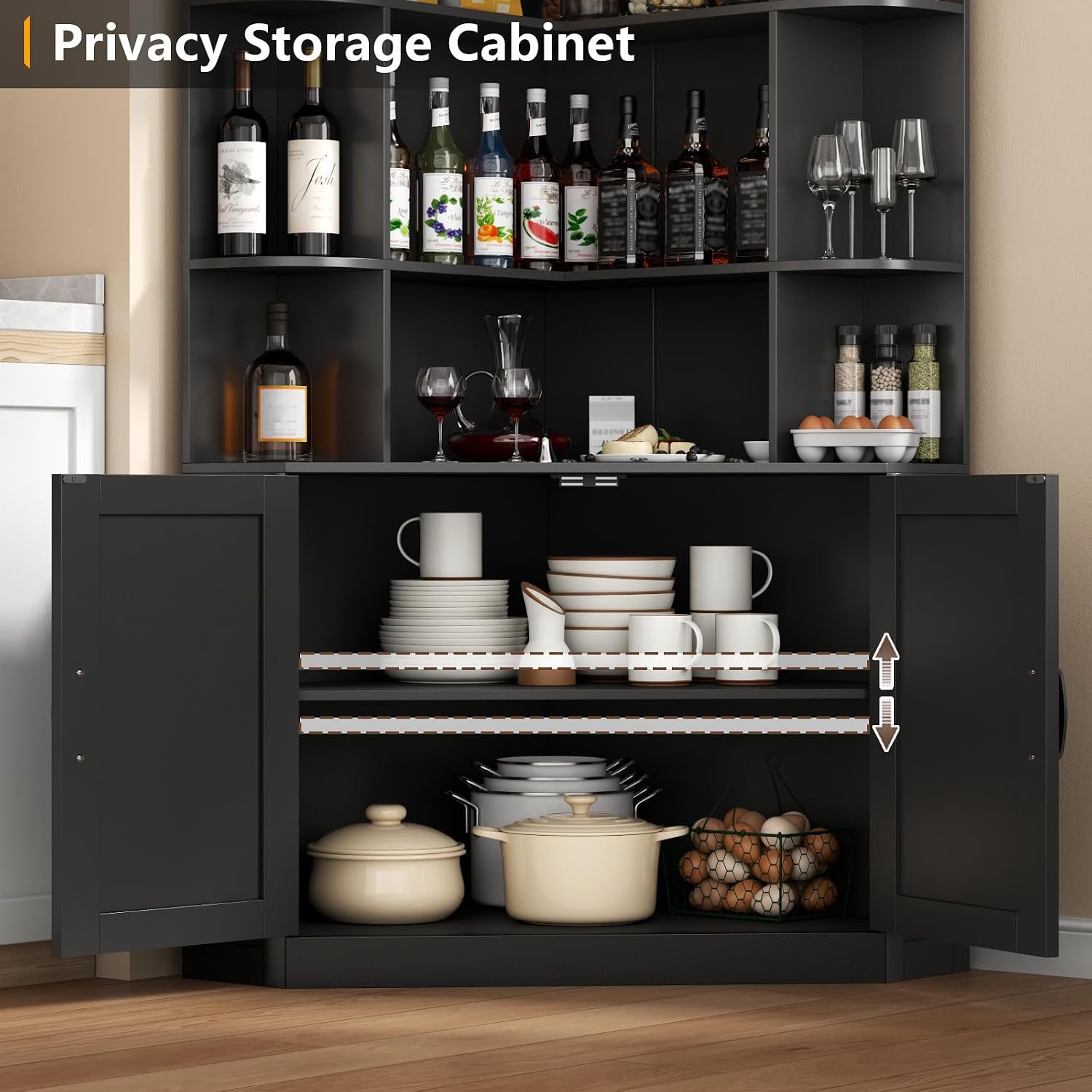 Corner Bookshelf with Doors, 6 Tier Corner Bookcase with Storage Cabinet, Black L-Shaped Book Shelf with 8 Open Racks , Farmhouse Etagere Bookshelf with Full Baffle for Living Room Home Office