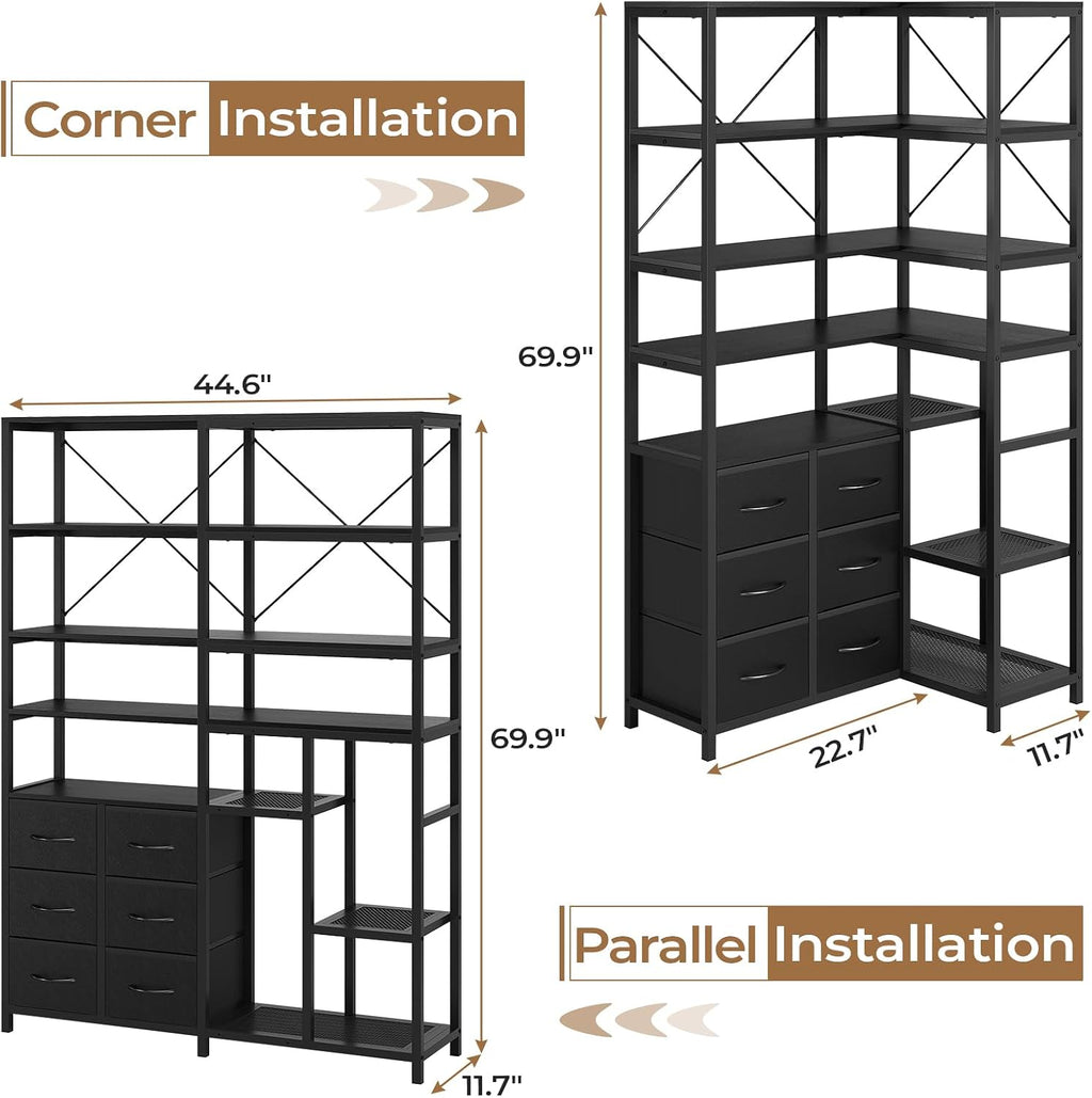HAUOMS Corner Bookshelf, 7-Tier Bookcases Tall Convertible Book Shelf with 6 Fabric Drawers, Industrial Corner Bookshelves for Living Room, Kitchen, Home Office, Rustic Black