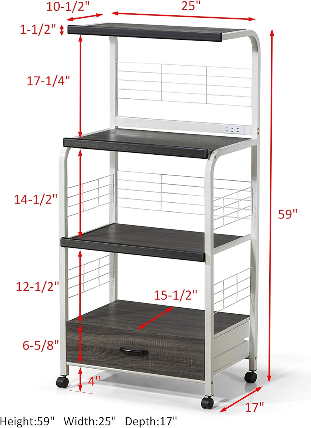 Crown Mark Kitchen Shelf with Casters Baker's Rack, White