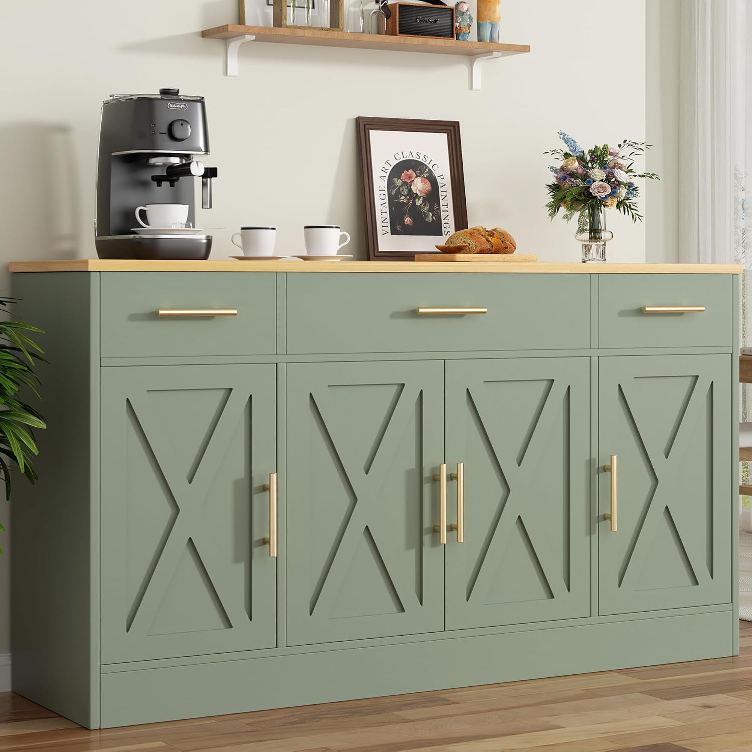 Farmhouse Buffet Cabinet, Accent Storage Cabinet with 4 Doors and 3 Drawers, Wide Sideboard Coffee Bar Cabinets for Living Room, Kitchen, Green