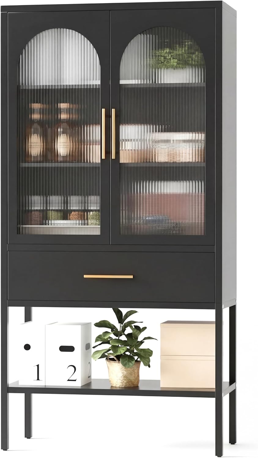ALBAD 63 Inch Tall Metal Pantry/Display/Storage Cabinet with Fluted Glass Doors and Drawer & Adjustable Shelf for Modern Home Office Living Room Kitchen Black