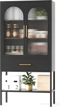 ALBAD 63 Inch Tall Metal Pantry/Display/Storage Cabinet with Fluted Glass Doors and Drawer & Adjustable Shelf for Modern Home Office Living Room Kitchen Black