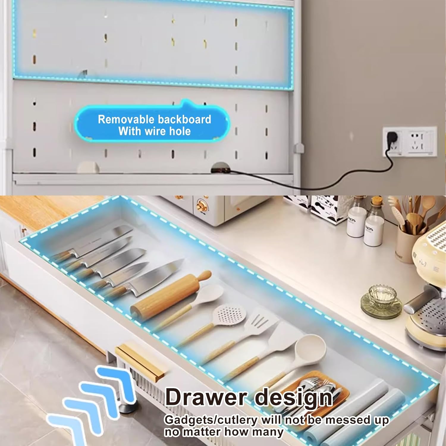Microwave Storage Stand,5 -Tier Bakers Racks for Kitchens, Bakers Rack with Drawers, Large Metal Coffee Bar Cabinet - with Transparent Flip Switch Door Design,DIY backplane Creative, 4 Hook