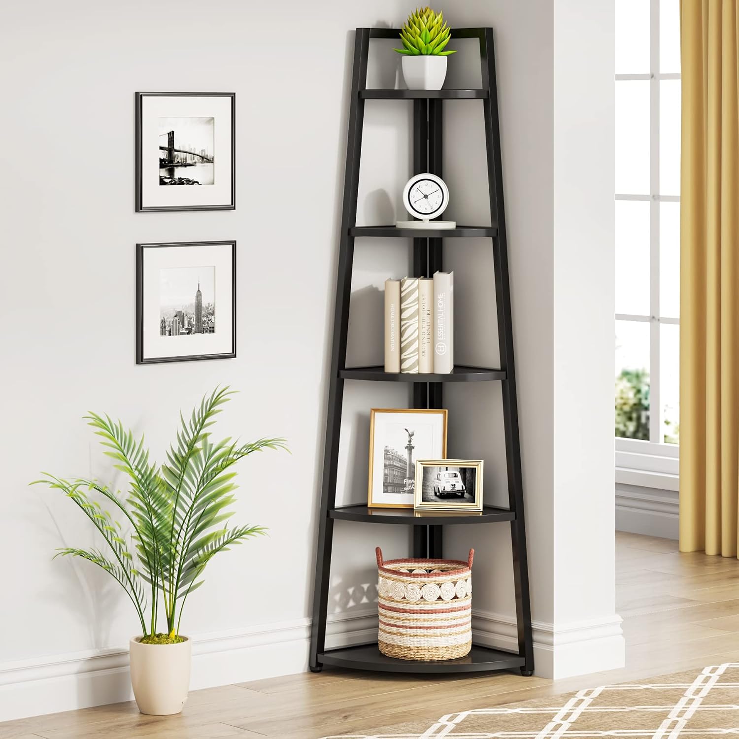 Tribesigns 5 Tier Corner Bookshelf and Bookcase, 70 inch Tall Corner Shelves Standing Shelving Unit Indoor Plant Stand for Living Room, Kitchen, Home Office (Black)