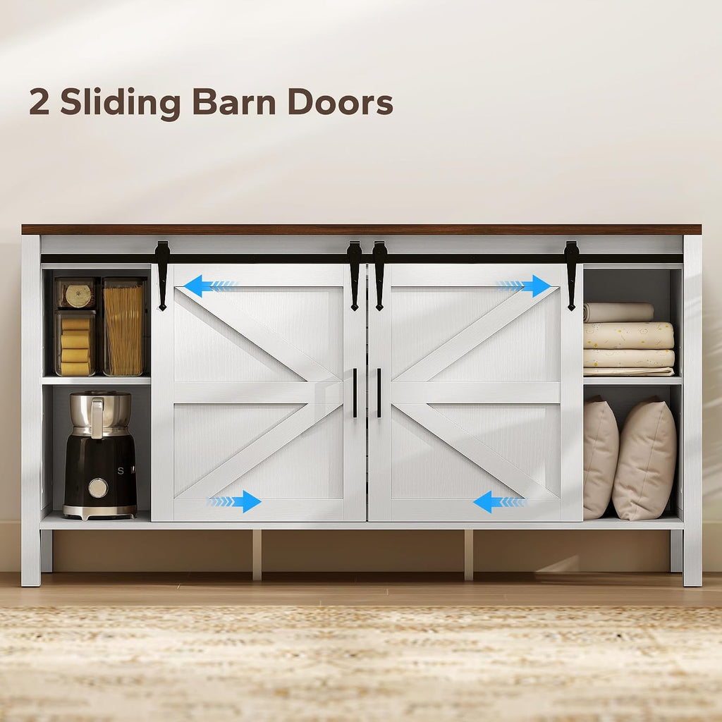 HOMCOM 59 Inch Farmhouse Sideboard Buffet Cabinet with Thick Top, Coffee Bar Cabinet with 2 Sliding Barn Doors, 4 Drawers and 2 Adjustable Shelves for Kitchen, Distressed White