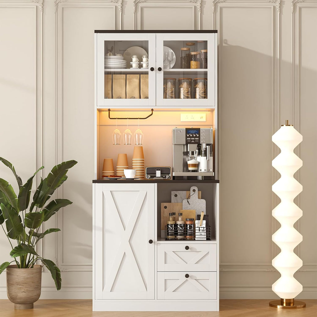 71' Tall Coffee Bar Cabinet with Storage Hutch, Farmhouse Kitchen Pantry Cabinet with LED Lights Microwave Stand and Glass Holder for Home Dining Room Kitchen,White