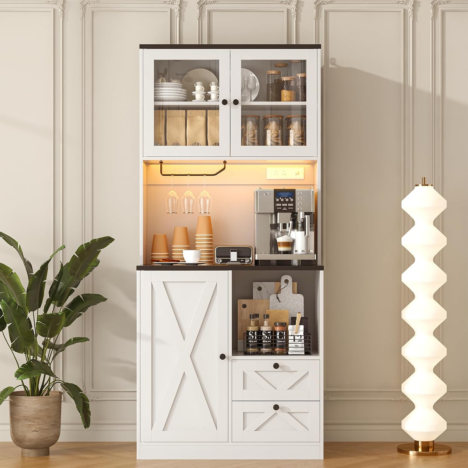 71' Tall Coffee Bar Cabinet with Storage Hutch, Farmhouse Kitchen Pantry Cabinet with LED Lights Microwave Stand and Glass Holder for Home Dining Room Kitchen,White