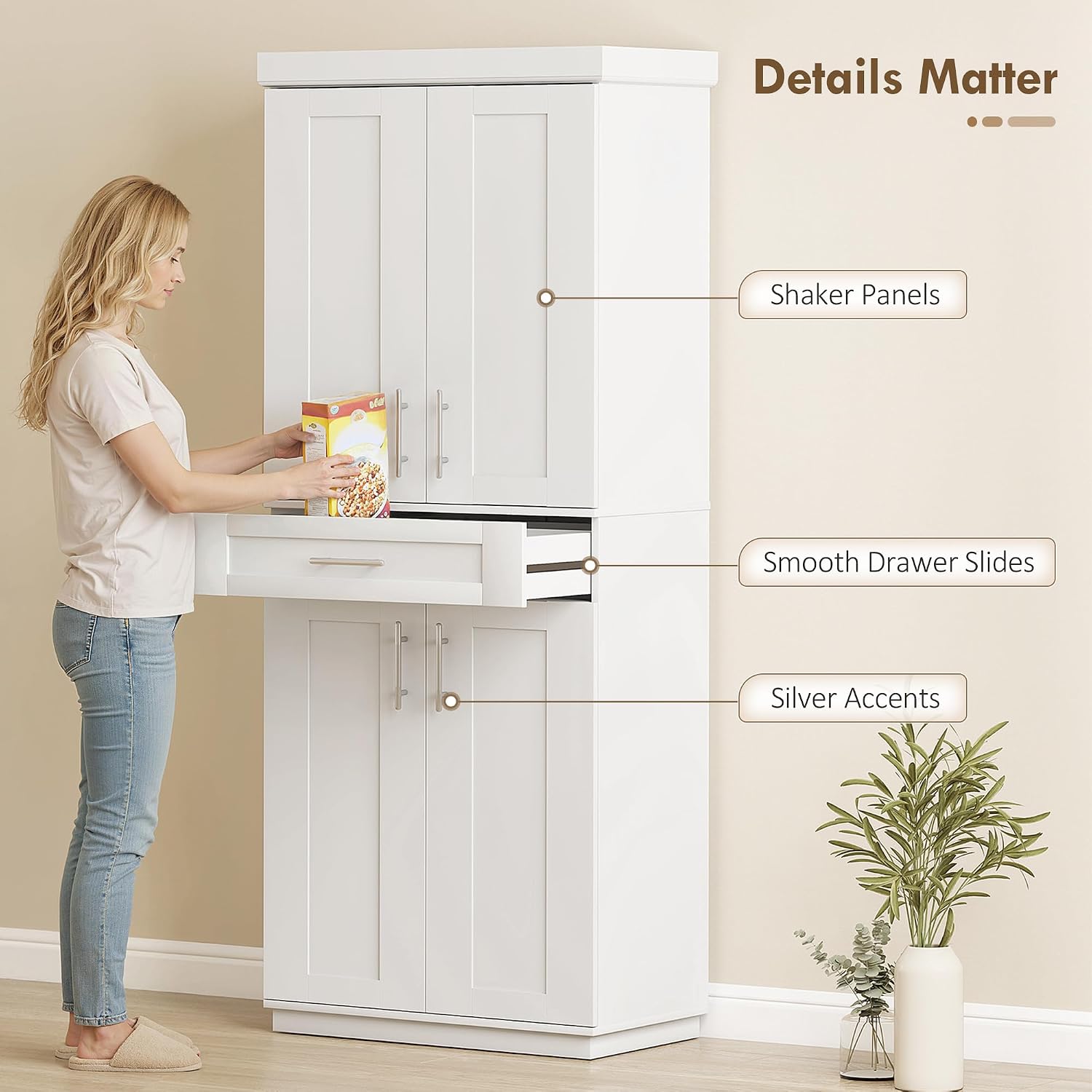 HOMCOM 72' Kitchen Pantry Cabinet, Freestanding Tall Storage Cabinet with 4 Doors, Drawer and 3 Adjustable Shelves for Dining Room, White
