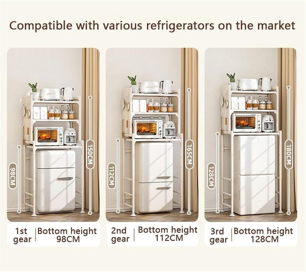 Mini Fridge Stand Storage Refrigerator Shelf 3 Tier Expandable Adjustable Height Microwave Stand Shelf Kitchen Bakers Rack for Refrigerators Below 1.2m(White)