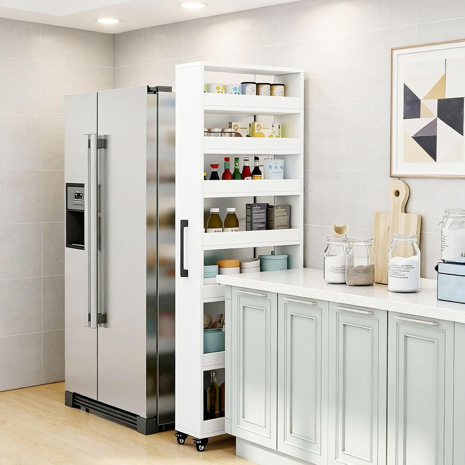7-Tier Slim Storage Cart, Wooden Rolling Pantry Cabinet with Wheels, Narrow Shelf Organizer for Kitchen, Bakers Rack, Dining Room, Closet,White,W7.9×D21.7×H72.4