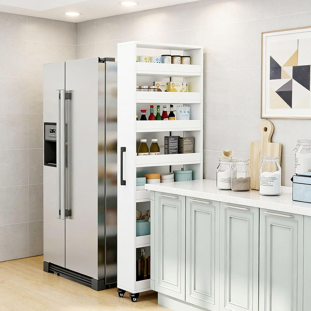 7-Tier Slim Storage Cart, Wooden Rolling Pantry Cabinet with Wheels, Narrow Shelf Organizer for Kitchen, Bakers Rack, Dining Room, Closet,White,W7.9×D17.7×H72.4