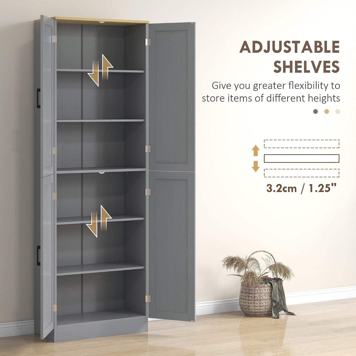HOMCOM 67' Freestanding Kitchen Pantry, 4-Door Storage Cabinet Organizer with Adjustable Shelves, Kitchen Cabinet with Doors and Shelves, Distressed Gray