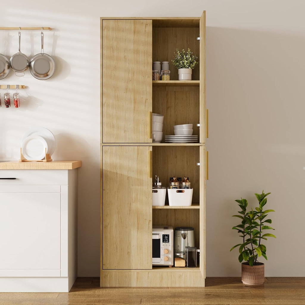 Housoul 71' Tall Pantry Cabinet with 4 Doors, Kitchen Pantry Storage Cabinet, Freestanding Larder Cupboard, Utility Kitchen Hutch with Gold Handles for Dining Room, Bathroom, Natural