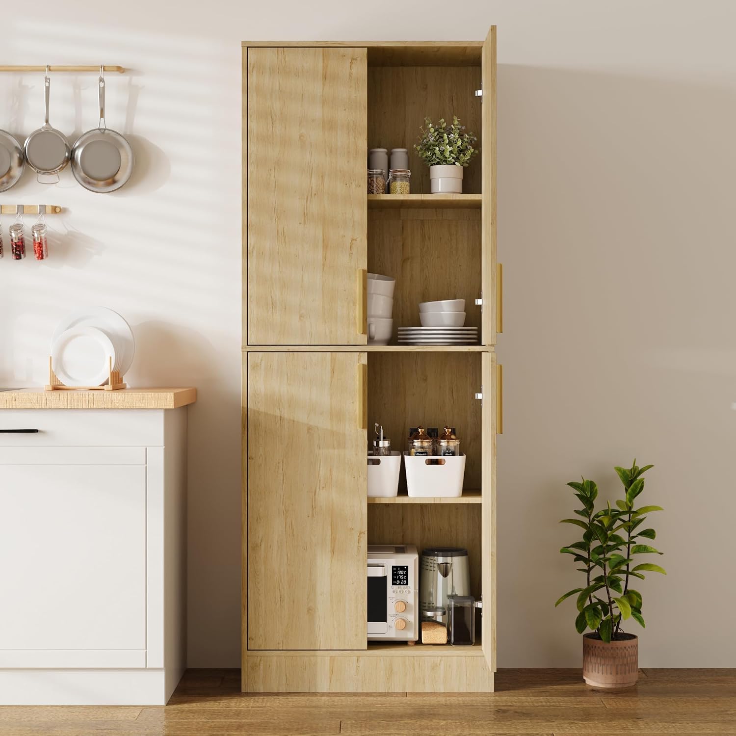 Housoul 71' Tall Pantry Cabinet with 4 Doors, Kitchen Pantry Storage Cabinet, Freestanding Larder Cupboard, Utility Kitchen Hutch with Gold Handles for Dining Room, Bathroom, Natural