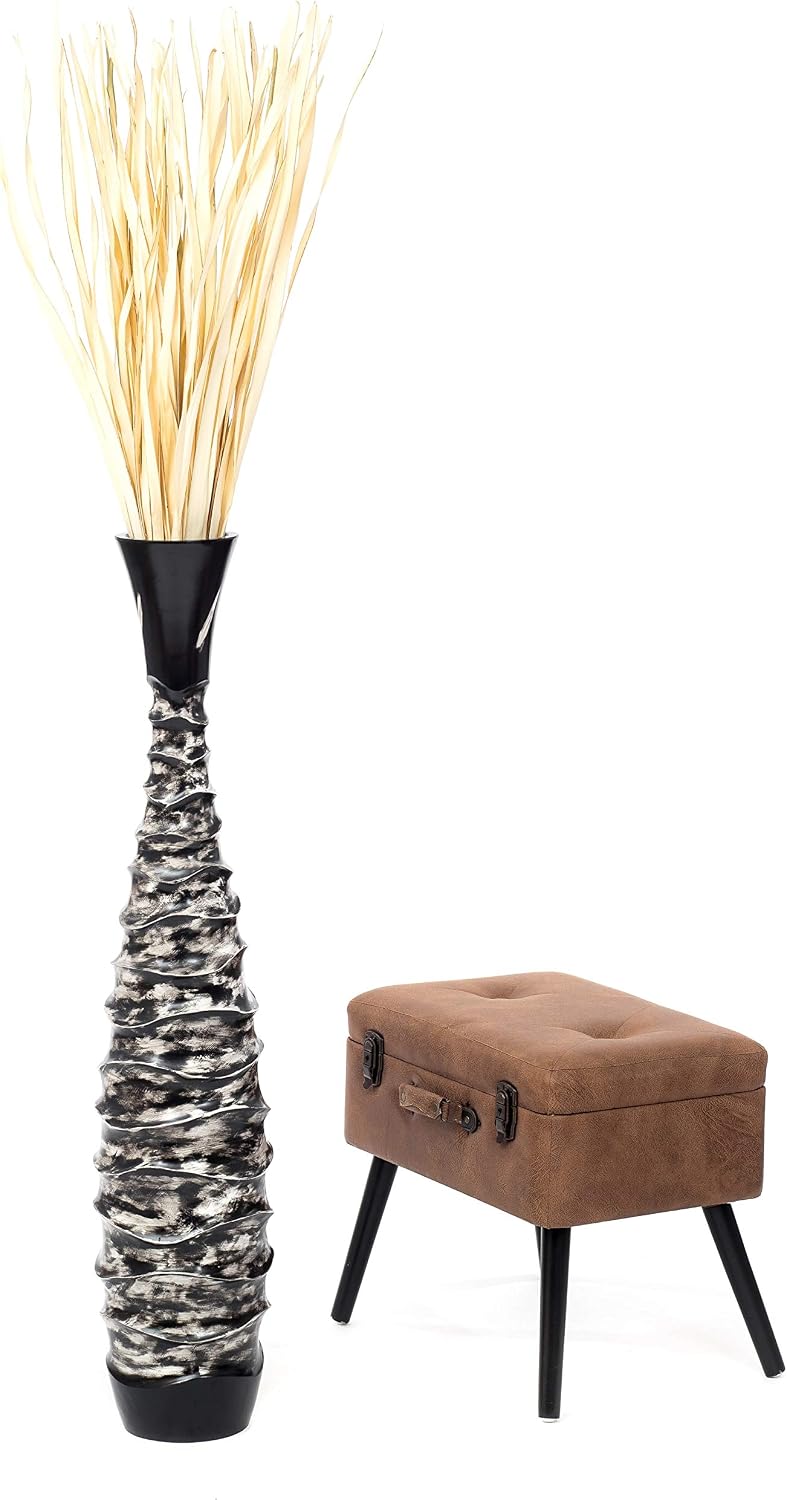 Leewadee Large Black White Home Decor Floor Vase – Wooden 43 inches Tall Farmhouse Decor Flower Holder for Fake Plant and Pampas Grass