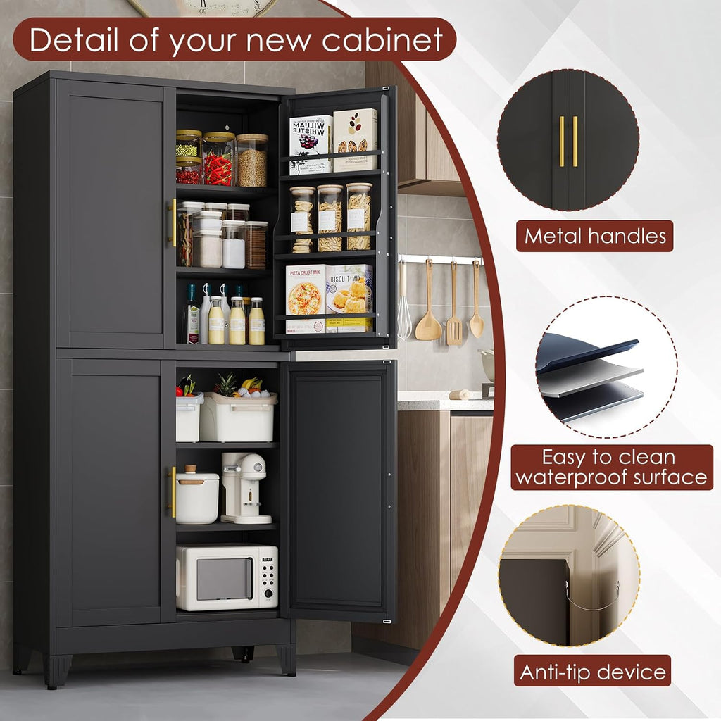 PAOFIN 75' H Metal Storage Cabinet, Pantry with 6 Door Shelves and 4 Adjustable Shelves, Leveling Foot for Kitchen, Living Room and Dinning Room, Black