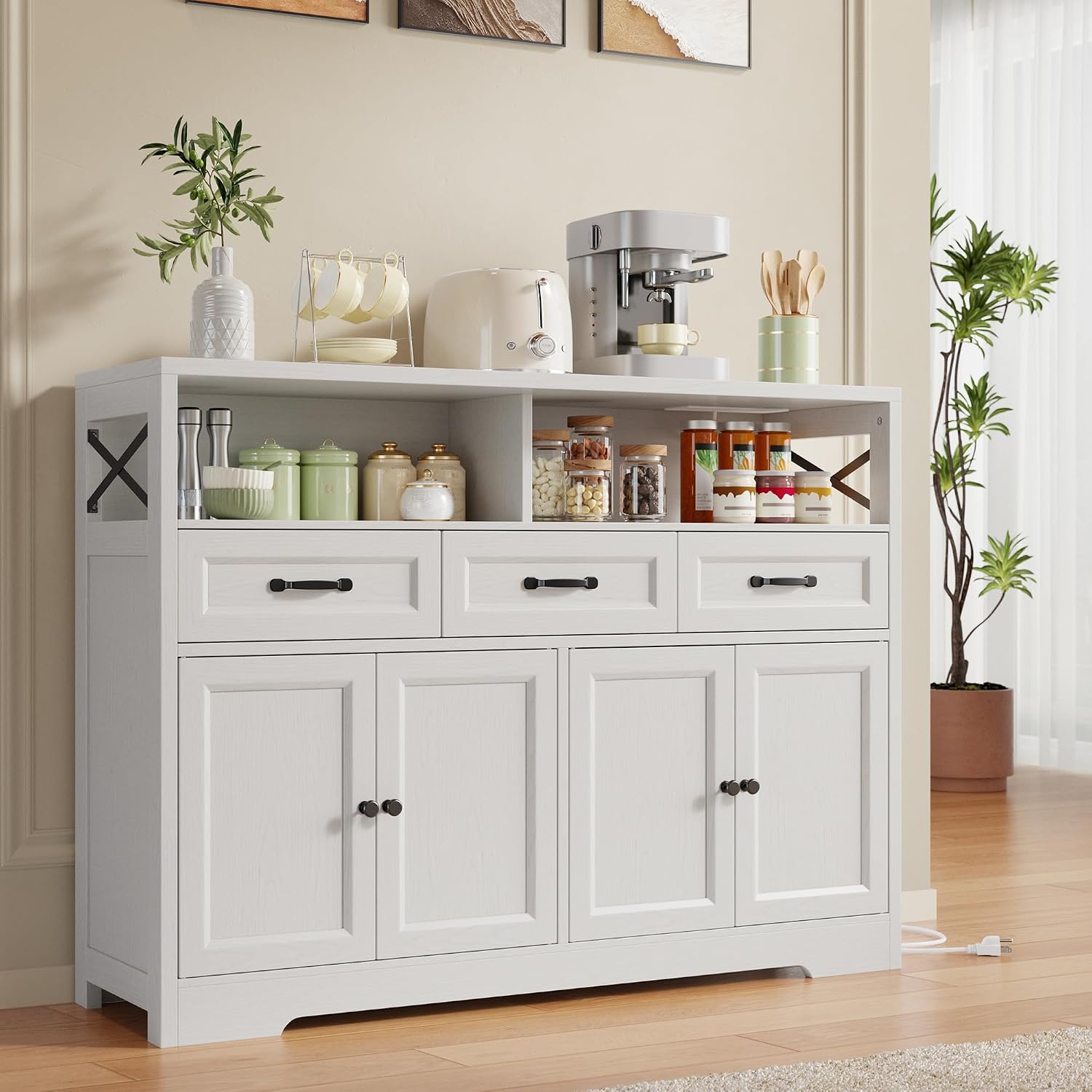 Ahomly 51' Buffet Cabinet with Adjustable Storage, Charging Port - 3 Drawers & 4 Doors Large Sideboard, Multi - Scene Coffee Bar/Microwave Stand for Kitchen,Living Room,Entryway（White）