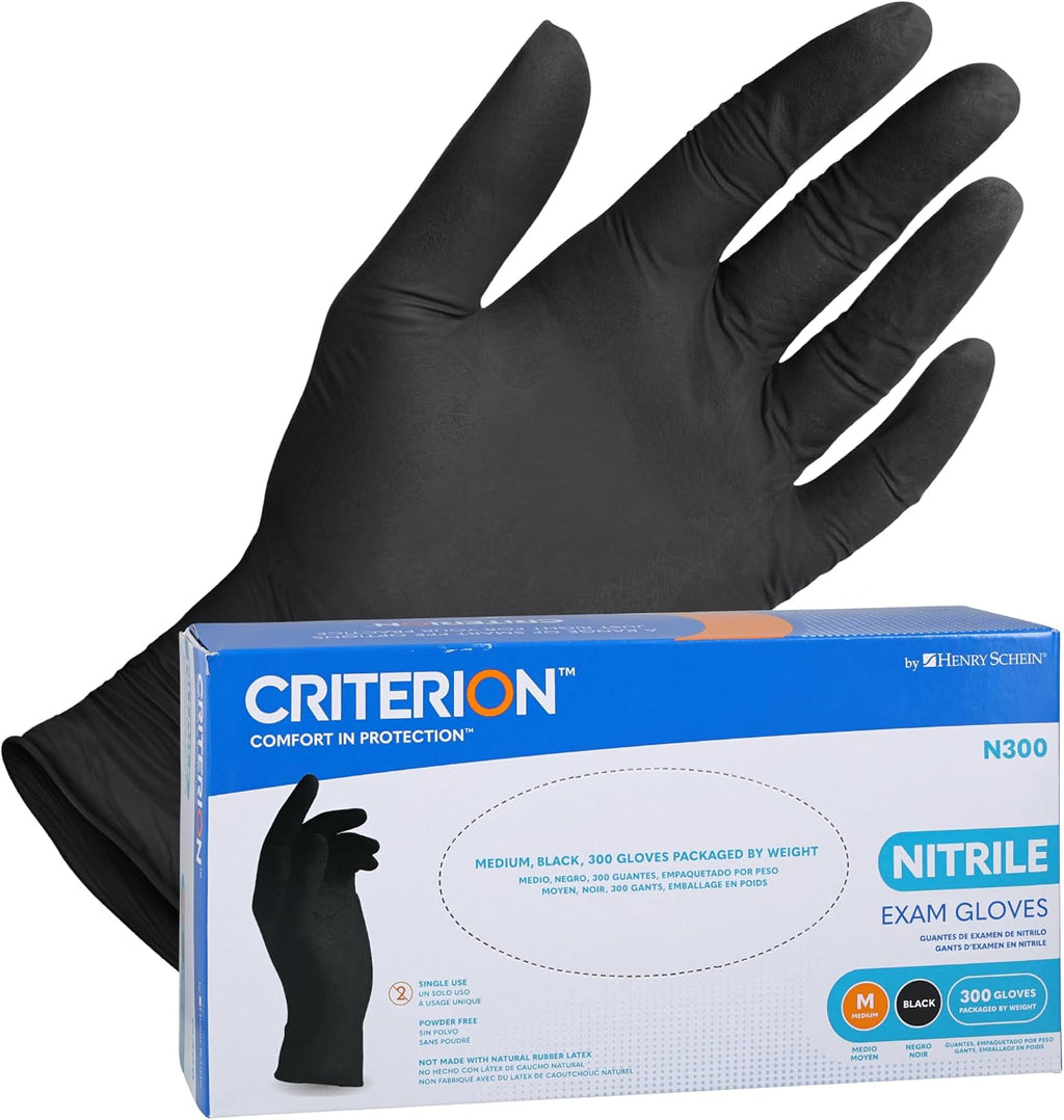 Henry Schein Criterion N300 Nitrile Exam Gloves, Black – 300/Box, Latex-Free, Disposable, Textured Fingertips, Beaded Cuff