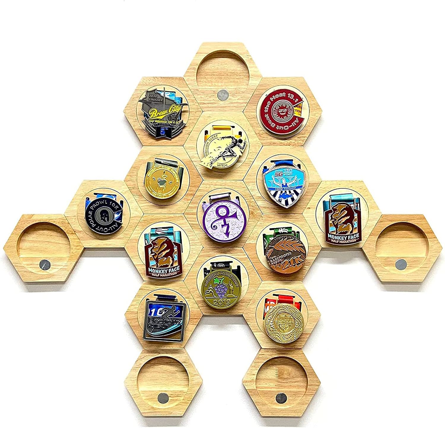 Hexagonal Medal Display Frame 24Pcs/Set Wood Medal Hanger Display Box Punch-Free Creative Stitching Sports Medal Holder, for Military/War/Sports Medal,18pcs