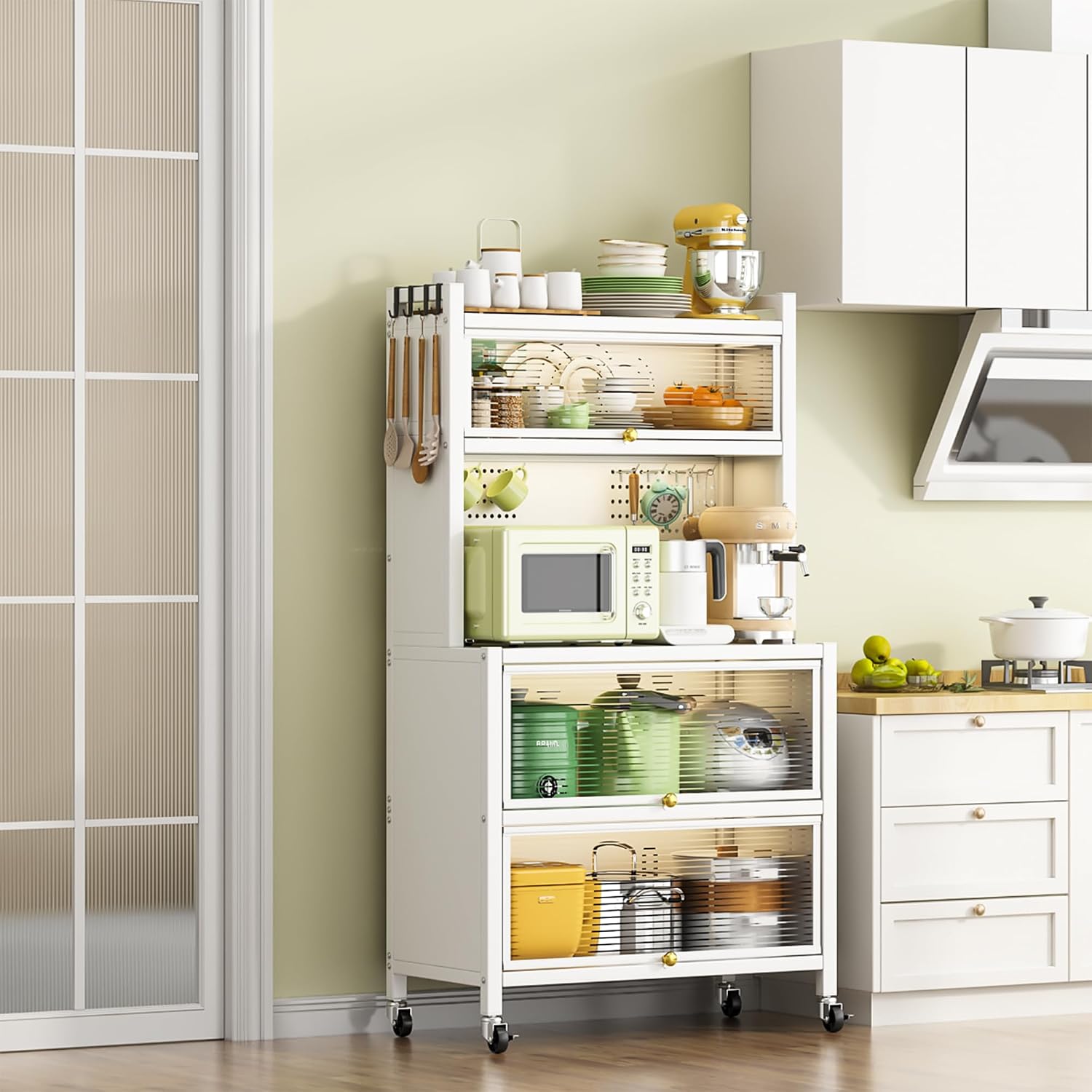 Bakers Storage Rack, Microwave Stand, Coffee Bar Cabinet with Hooks, Bakers Rack with Storage Drawer, Removable Portable Bar Table Cabinet with Wheels White One Size