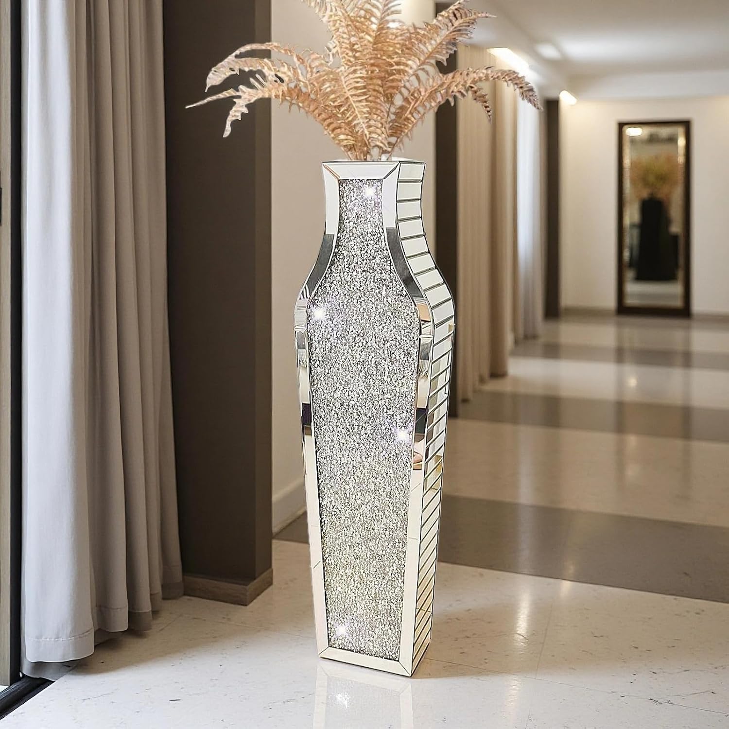 36' Extra Large Double Sided Crushed Diamond Vases, Extra Tall Mirrored Sliver Vase,Floor Vases Decorative Tall, Large Decorative Vase for Home,Office,Hotel Decor(10.6' L x5.37 W x 36' H)