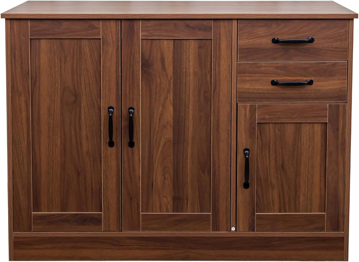 43' Modern Wood Freestanding Storage Cabinet, Kitchen Storage Bakers Rack with Double Doors, Utility Food Cupboard with Drawers for Dining Room Organization, Walnut