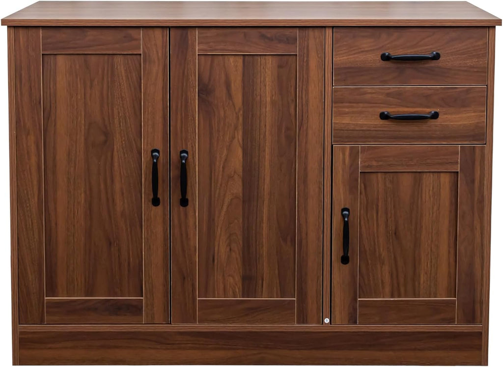 43' Modern Wood Freestanding Storage Cabinet, Kitchen Storage Bakers Rack with Easy Clean, Utility Food Cupboard with 2 Drawers for Dining Room Organization, Walnut