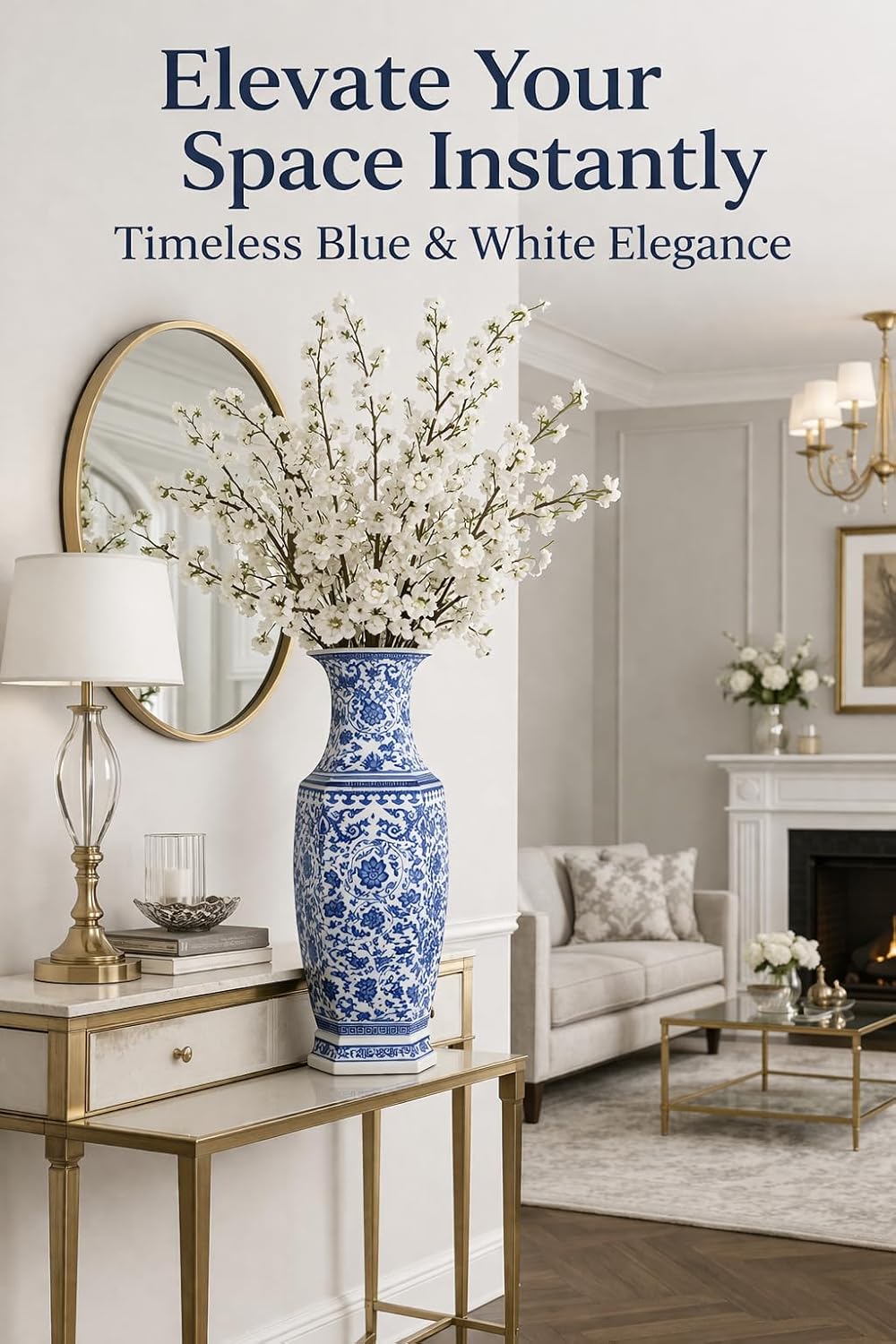 24' Classic Blue and White Hexagonal Lotus Porcelain Vase, Ceramic Vase Jingdezhen, China Qing Style （D8）