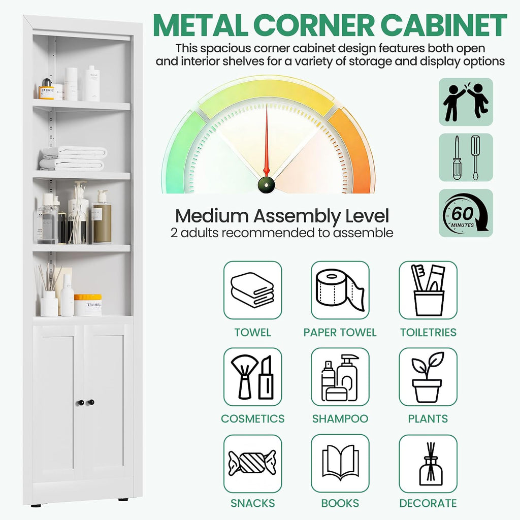 Tall Corner Cabinet,71' Waterproof Metal Corner Cabinet for Bathroom, Corner Storage Cabinet with 4 Adjustable Shelves & Quiet Close Door,Home Space Saver for Kitchen,Living Room,Pantry
