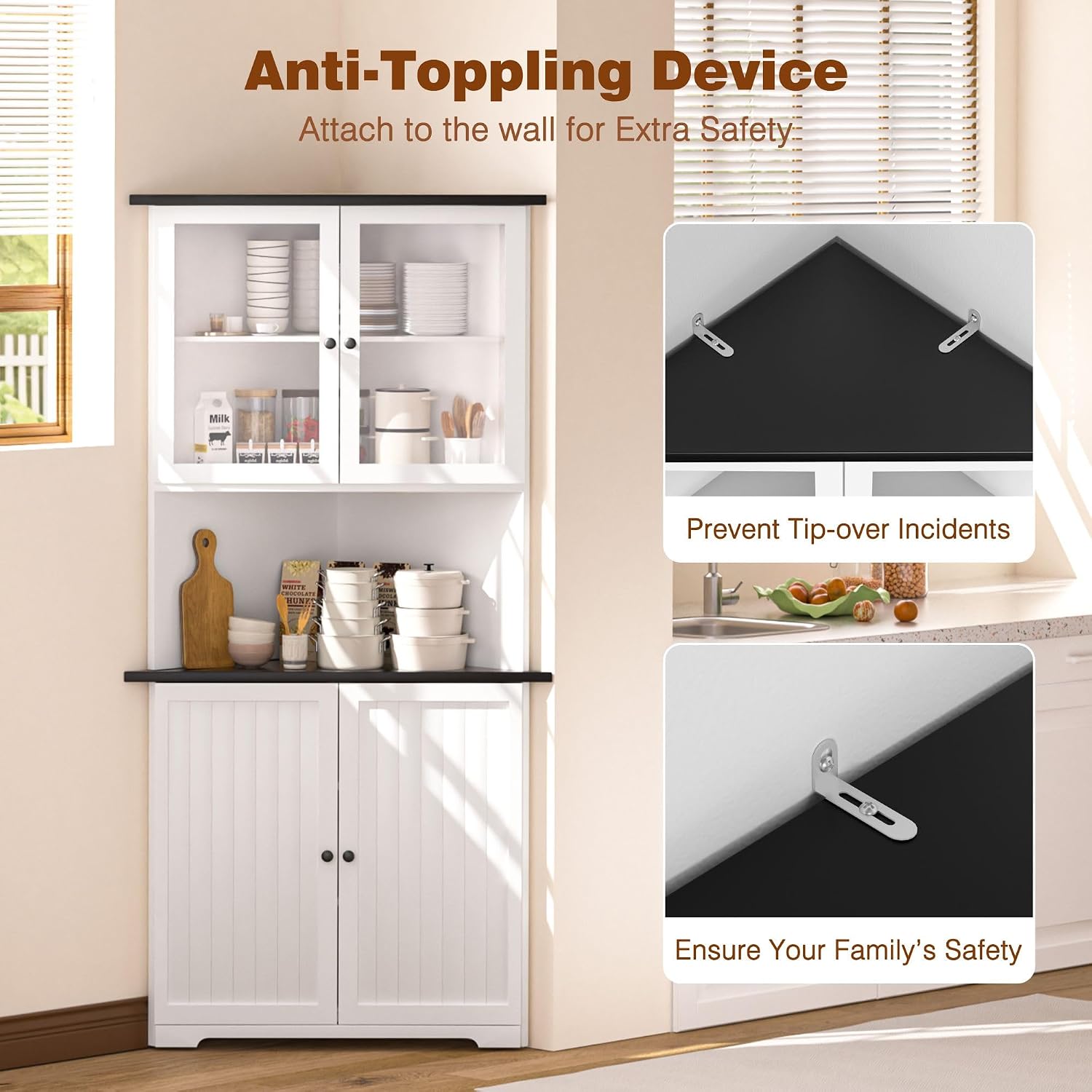 MUPATER Tall Corner Cabinet with Doors and Shelves, 71'' Free Standing Corner Kitchen Hutch, Cabinet Storage for Living Room, Bathroom, Kitchen with Countertop, White