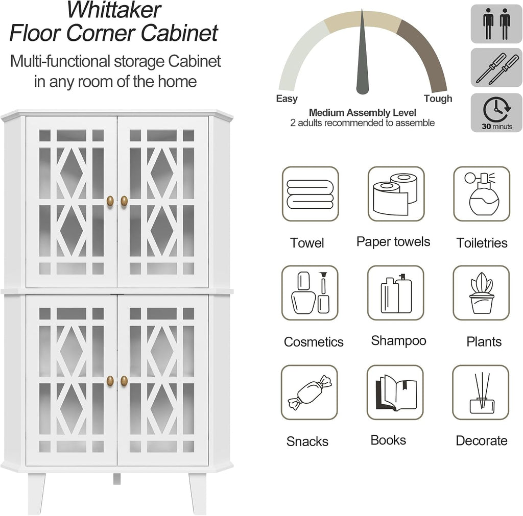Scurrty Tall Corner Shelf Stand, Large Shelf Corner Table Sideboard Cabinet with 4 Doors and 4-Tier Shelves, Free-Standing Storage Organizer for Living Room, Dining Room & Bathroom (White)