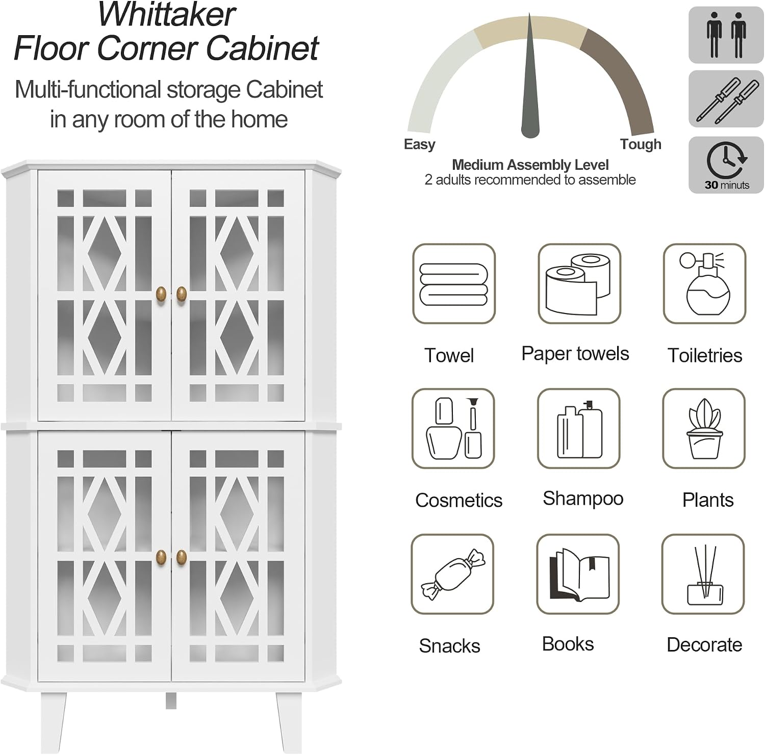 Scurrty Tall Corner Shelf Stand, Large Shelf Corner Table Sideboard Cabinet with 4 Doors and 4-Tier Shelves, Free-Standing Storage Organizer for Living Room, Dining Room & Bathroom (White)
