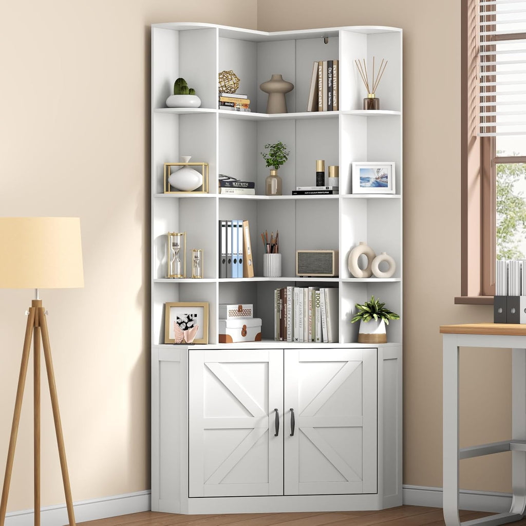 Corner Bookshelf with Doors, 6 Tier Corner Bookcase with Storage Cabinet, White L-Shaped Book Shelf with 8 Open Racks , Farmhouse Etagere Bookshelf with Full Baffle for Living Room Home Office (White)