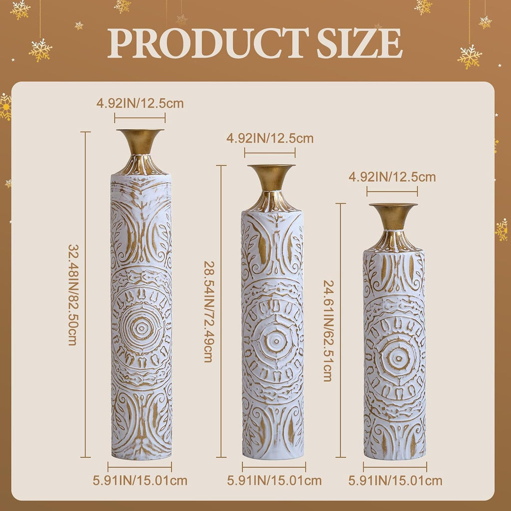 Tall Large Floor Vases Home Decor Set of 3 White and Gold Flower for Wedding Living Room Luxury Dried Flowers Antique Worn Vases 24'/28.7'/33.5' Height