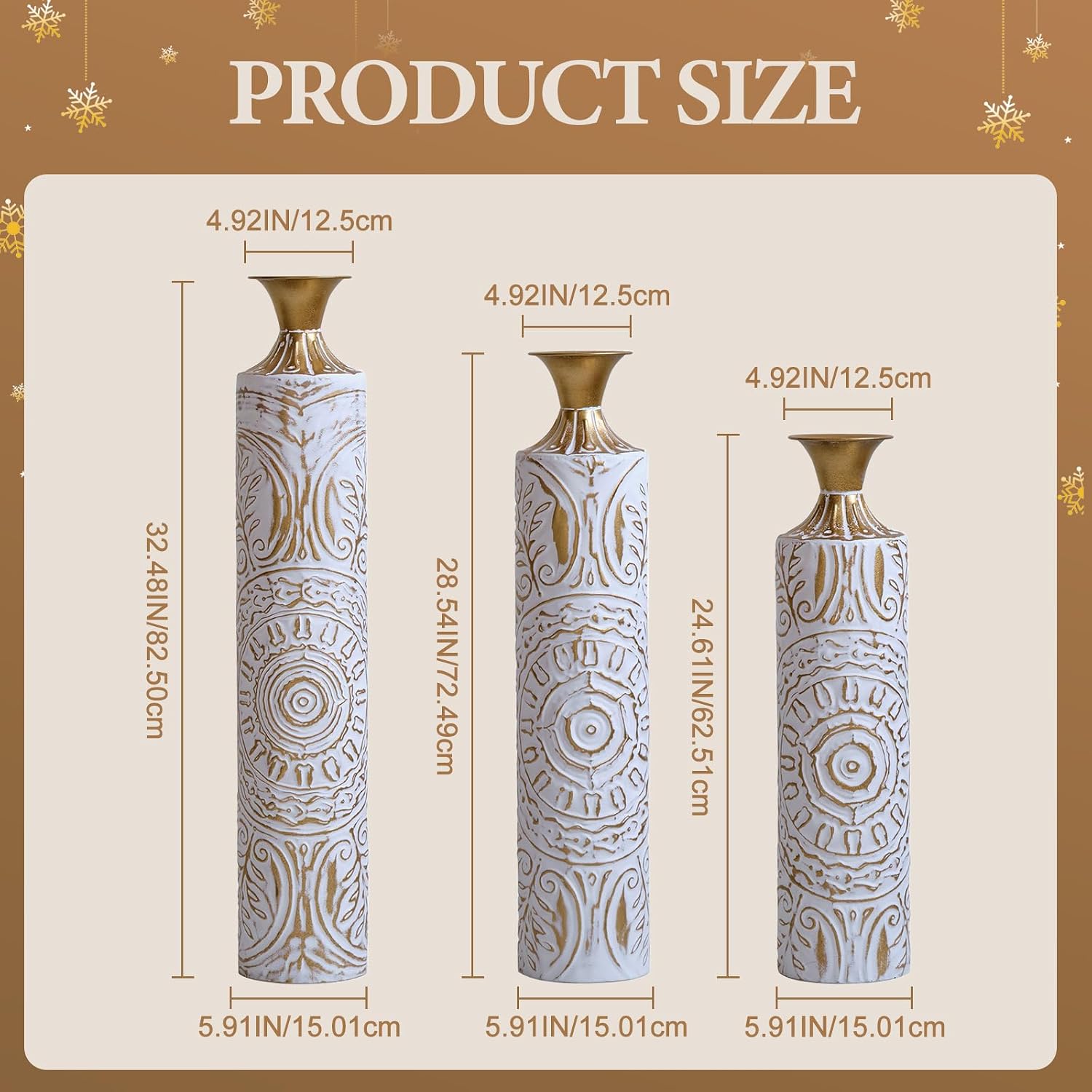 Tall Large Floor Vases Home Decor Set of 3 White and Gold Flower for Wedding Living Room Luxury Dried Flowers Antique Worn Vases 24'/28.7'/33.5' Height