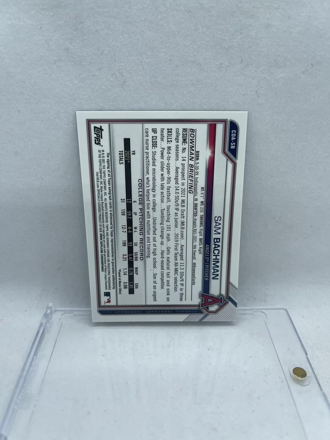 Sam Bachman 2021 Bowman 1st Chrome Refractor Auto #/75 W/Mag Angels - Baseball Slabbed Autographed Cards
