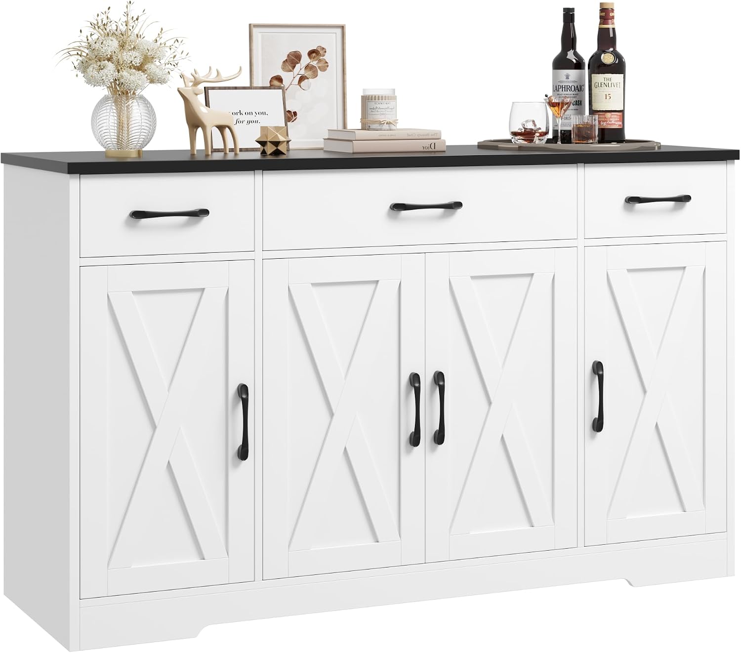 HOSTACK Buffet Sideboard Cabinet with Drawers, 55' Large Buffet Storage Cabinet with Shelves and Doors, Modern Farmhouse Coffee Bar Station Wood Kitchen Table for Kitchen, Dining Room, White/Black