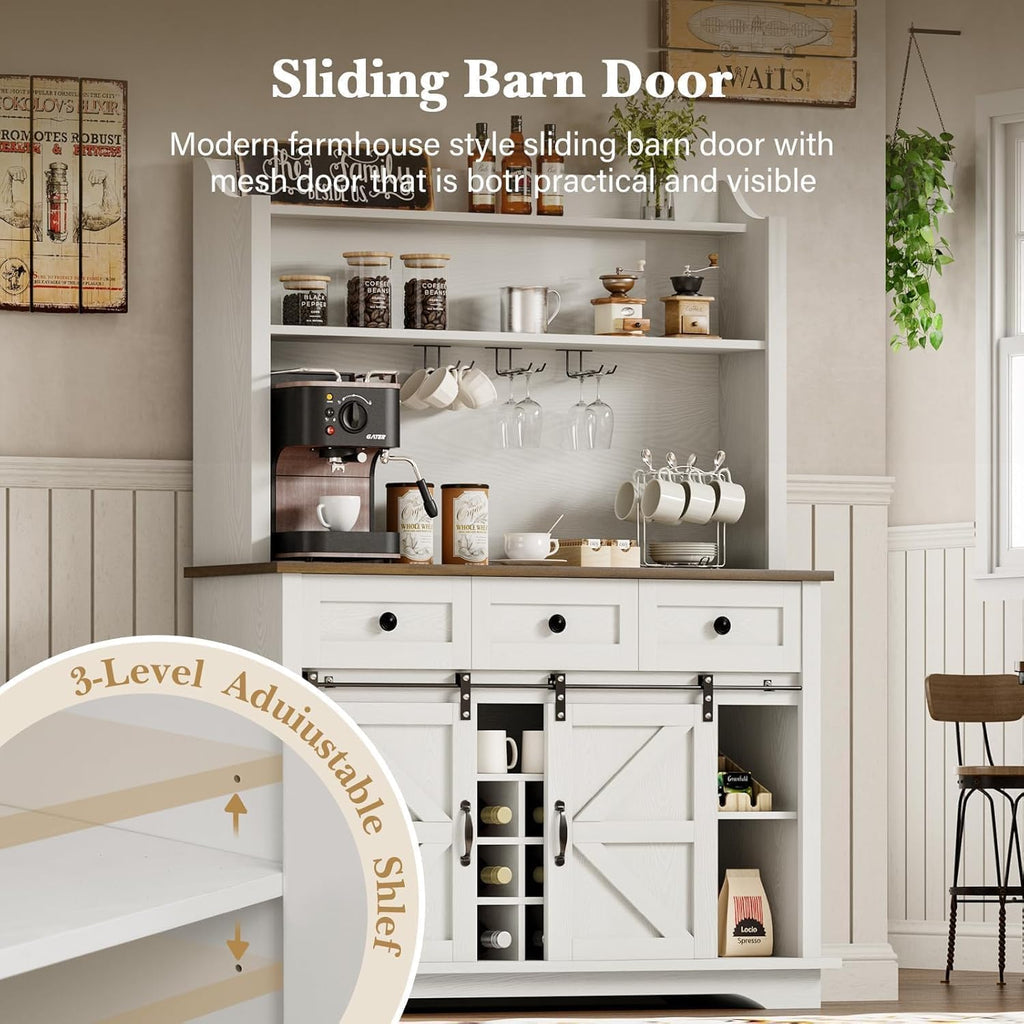 REVOMINCA 63 Inch Tall Coffee Bar Cabinet with 3-Tier, Kitchen Hutch with 3 Large Drawers, Farmhouse Coffee Bar with 9 Wine Racks & 3 Glass Holders, Wine Storage Cabinet for Living Dining Room, White