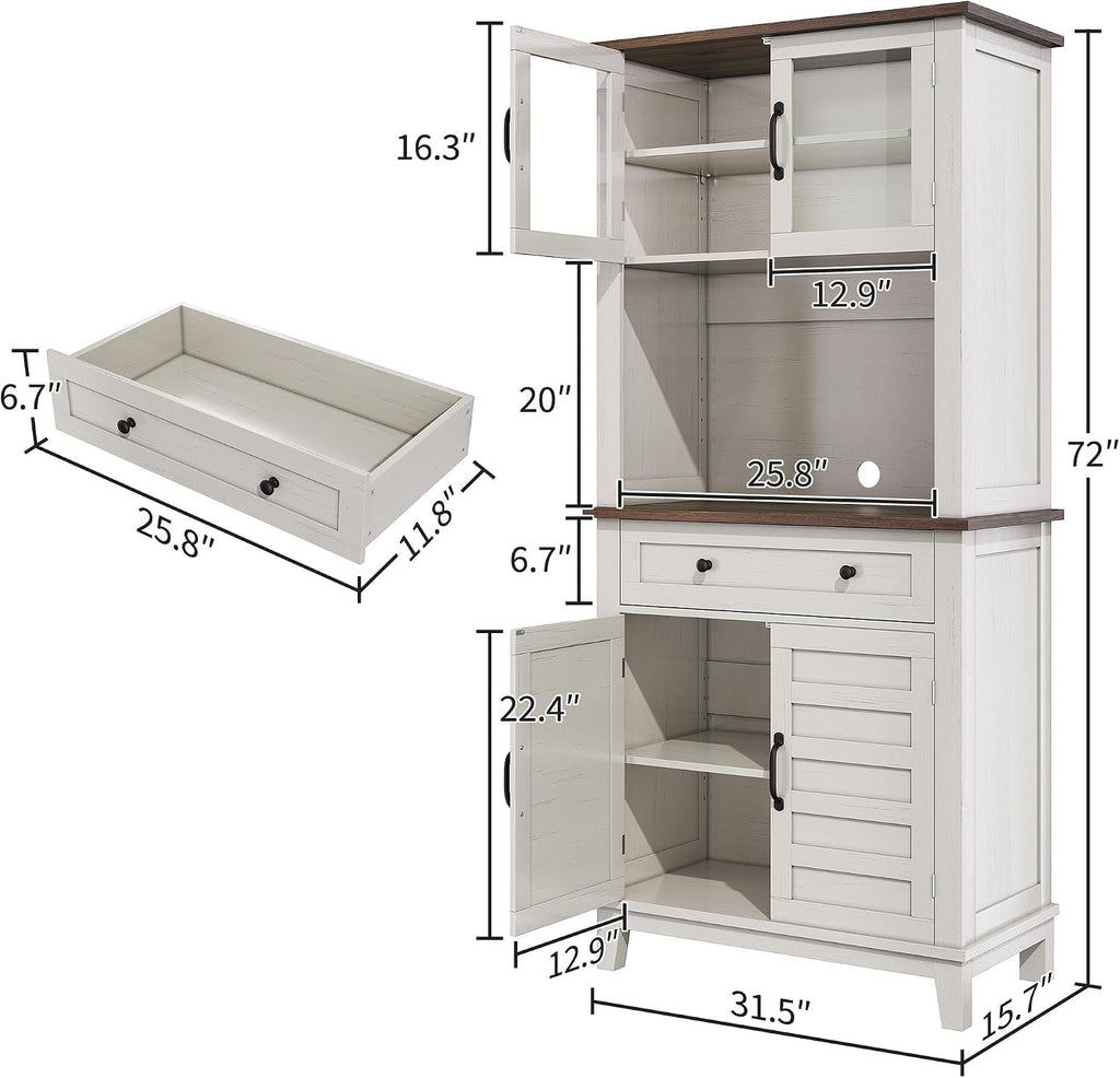IDEALHOUSE Farmhouse Coffee Bar Cabinet with 2 Glass Doors, 72'' Black Bar Cabinet with 1 Drawer, Tall Wine Bar with Metal Handle, Coffee Bar Hutch with Storage for Living Room (Light White)