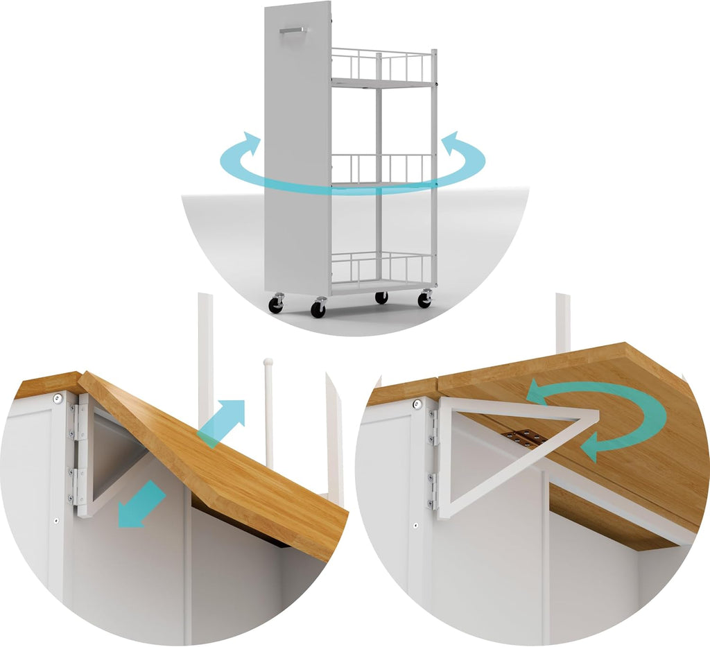 Kitchen Island with Drop Leaf, Trash Can Storage, Large Coffee Bar Table with Bakers Rack and Hooks, 3-Tier Rolling Cart and Shelves, White