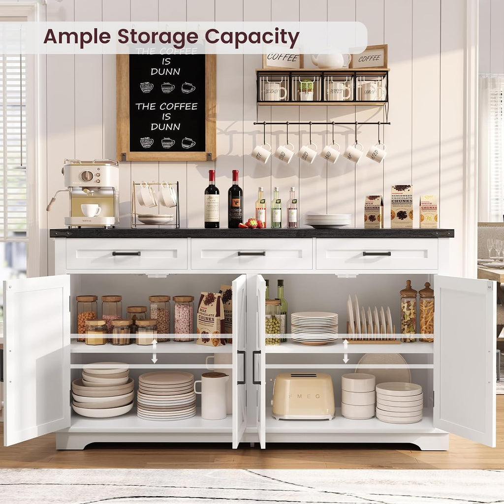 usikey 61' Large Sideboard Buffet Cabinet with 4 Doors and 3 Drawers, Farmhouse Buffet Table, Dining Room Storage Cabinet for Kitchen or Living Room, White