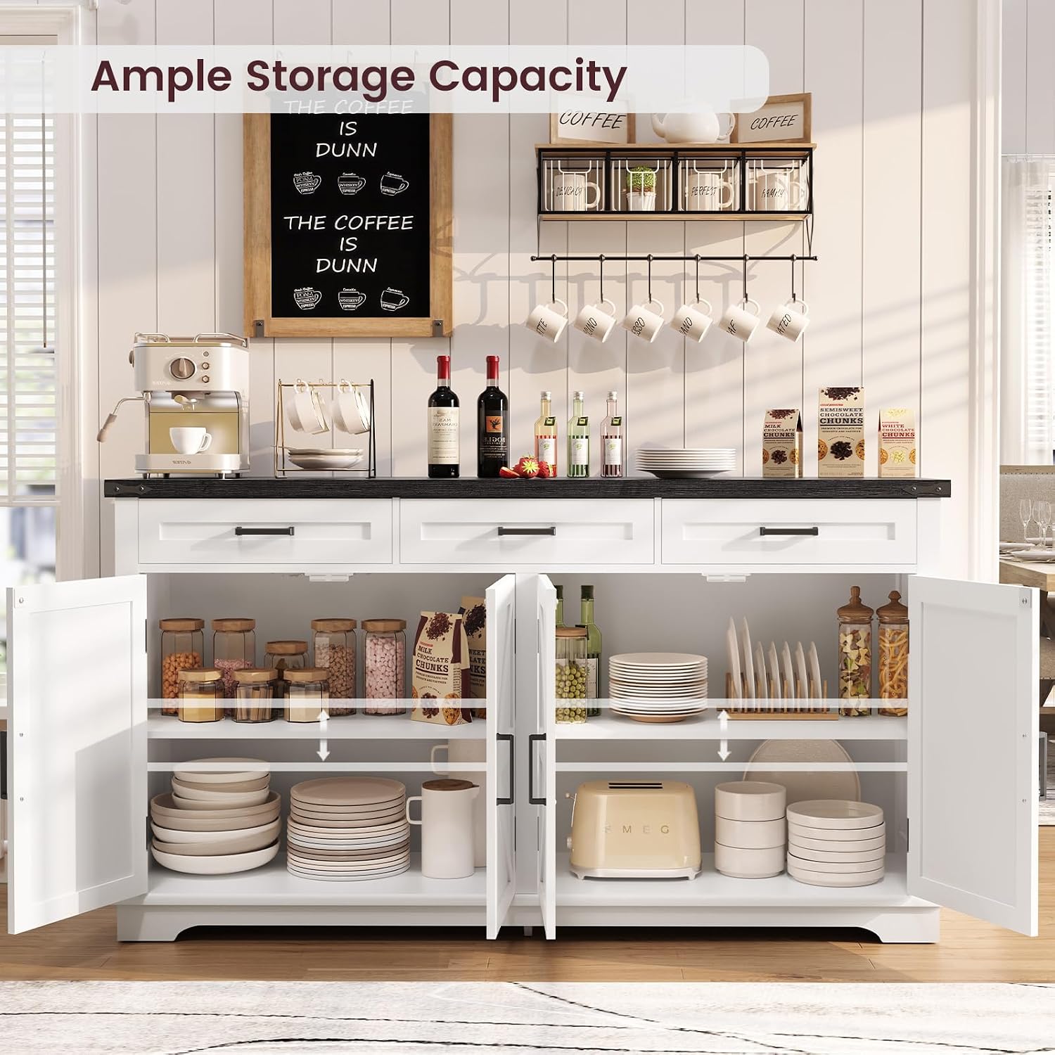 usikey 61' Large Sideboard Buffet Cabinet with 4 Doors and 3 Drawers, Farmhouse Buffet Table, Dining Room Storage Cabinet for Kitchen or Living Room, White