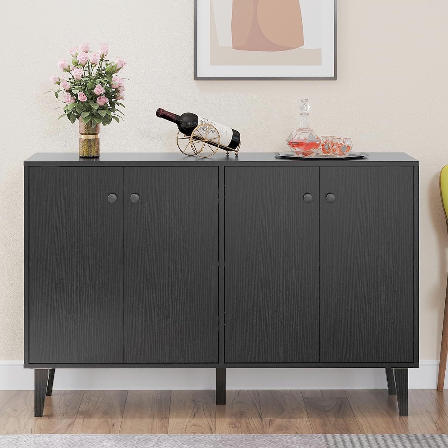 Panana Sideboard Buffet Cabinet Kitchen Storage Cabinet Living Room 4 Doors Console Table (Black)