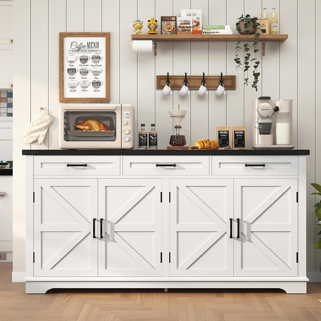 usikey 61' Large Sideboard Buffet Cabinet with 4 Doors and 3 Drawers, Farmhouse Buffet Table, Dining Room Storage Cabinet for Kitchen or Living Room, White