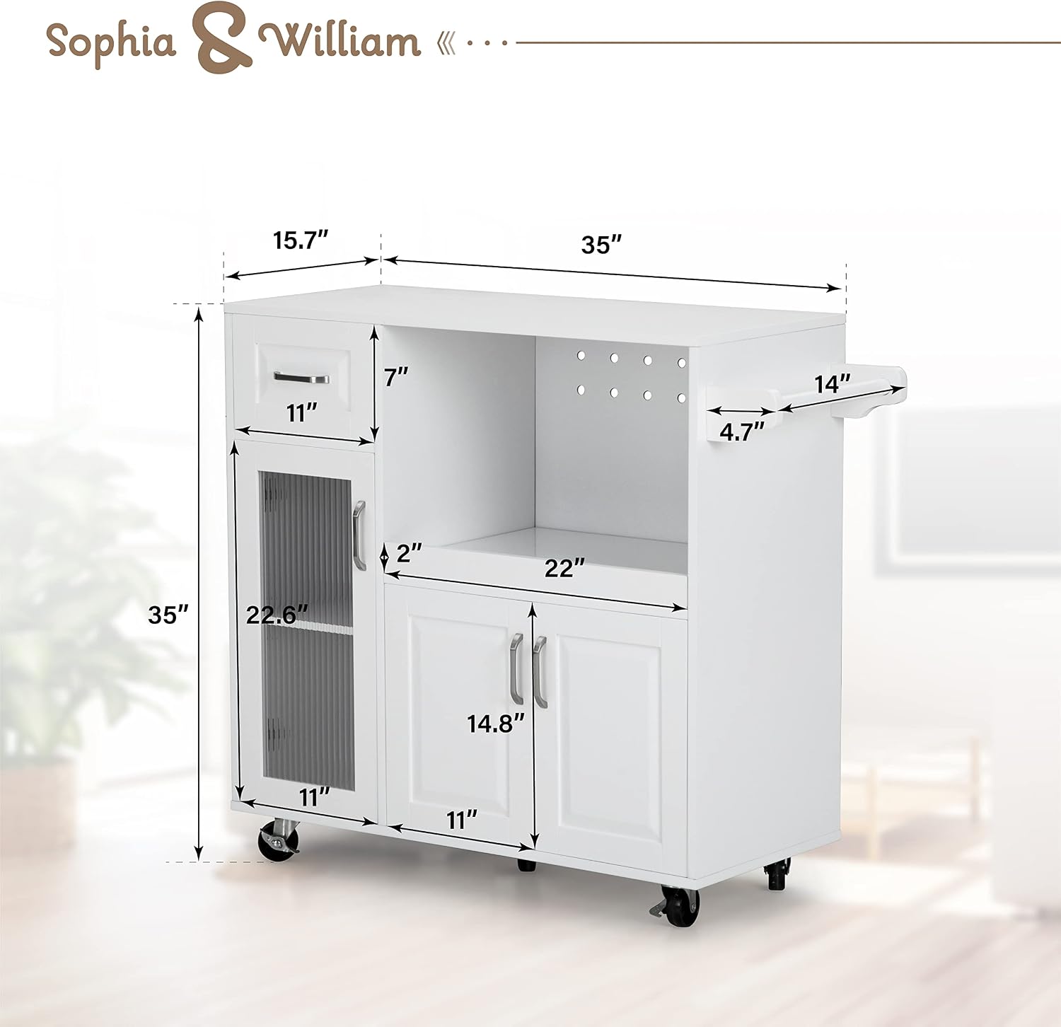 Sophia & William Kitchen Island Cart on Wheels with Extendable Tray, Adjustable Shelf and Glass Door, Mobile Kitchen Storage Islands Rolling Kitchen Trolley with Cabinets, Drawer and Towel Rack, White