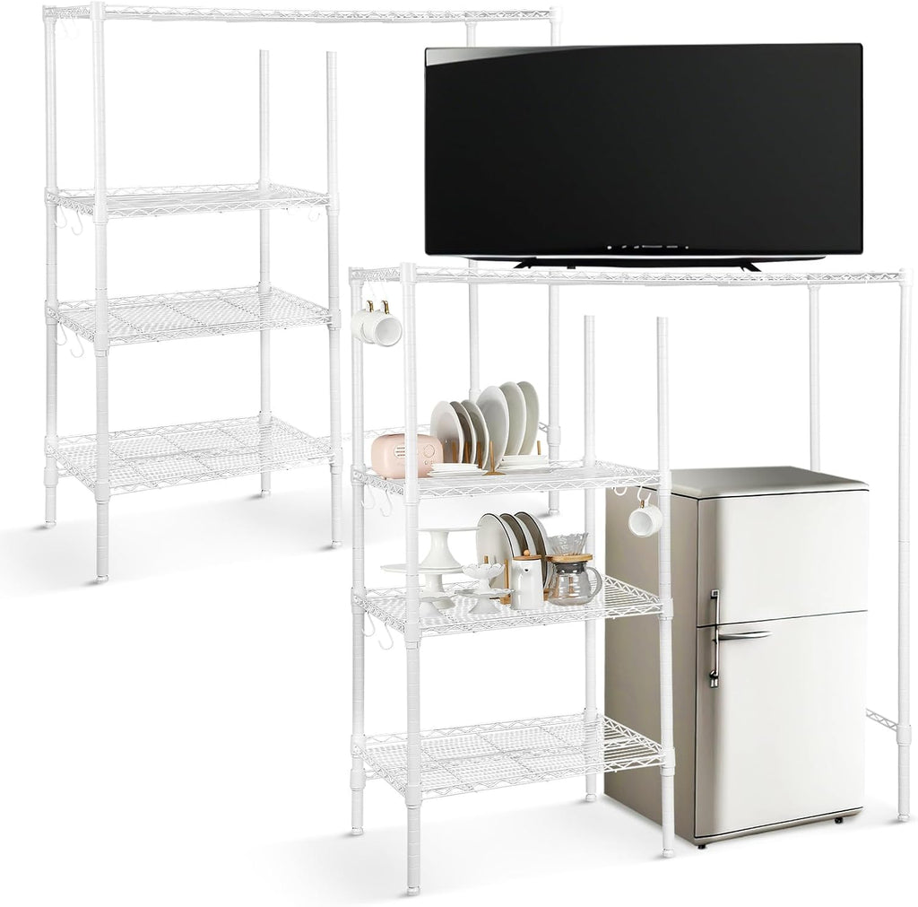 Huwena Mini Fridge Stand with Storage Shelf for Dorm 4 Tier Mini Microwave Stand Baker Rack Adjustable Height over Fridge Storage Organizer with Hook for College Dorm Kitchen Office Coffee Bar (White)