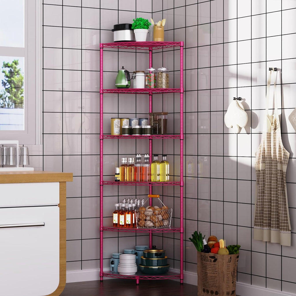 6 Tier NSF Corner Wire Shelf Shelving Unit, 18 x 18 x 72 Inch 420lbs Capacity Heavy Duty Adjustable Metal Storage Rack with Leveling Feet & Shelf Liners for Office Kitchen Bathroom and More - Pink