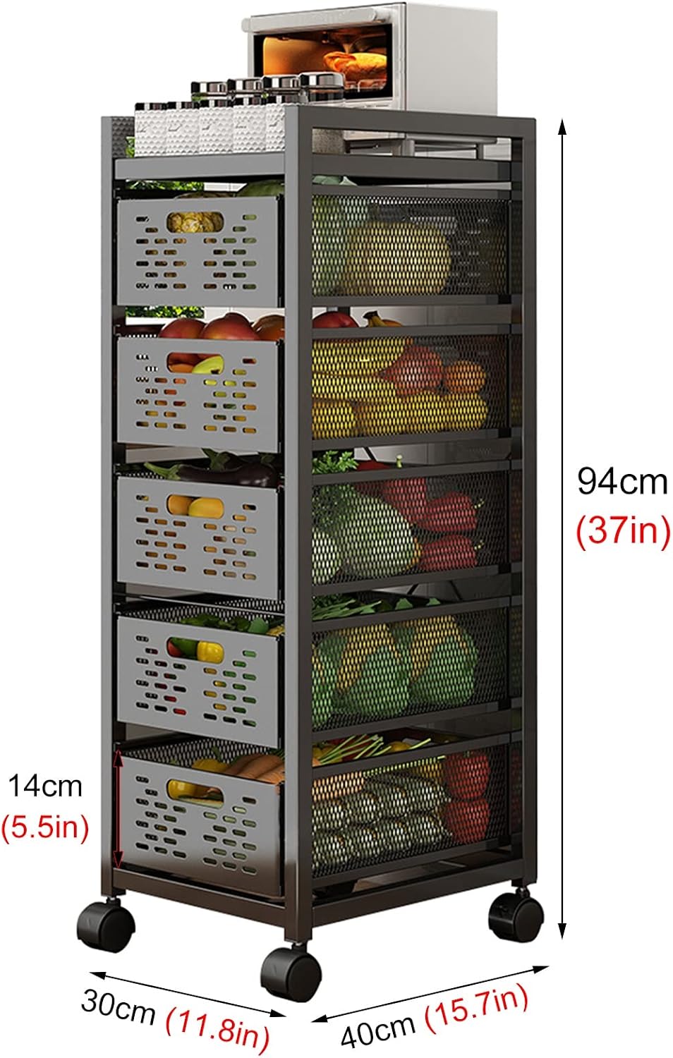 Kitchen Counter Baker's Rack with Drawers, Stackable Storage Fruit Vegetables Basket, Microwave Oven Coffee Machine Organizer Shelf, Black (Size : 5 Tier)